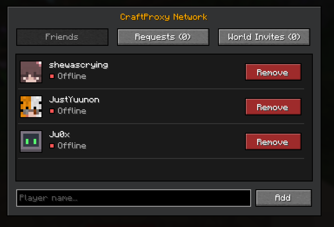 CraftProxy in-game Friends network menu showing a friends list, requests, world invites, and an add-friend field