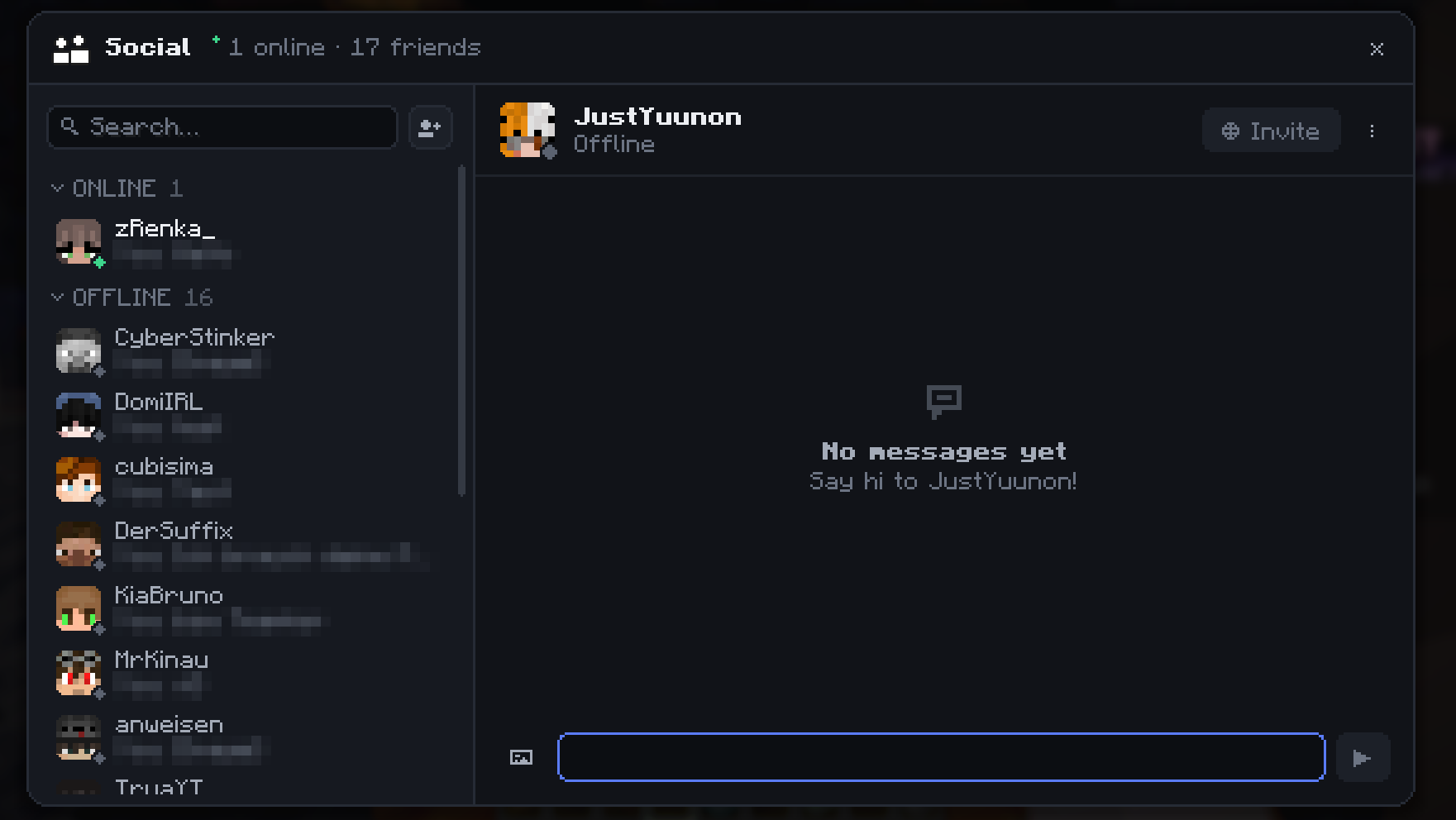 CraftProxy Social-Menü in Minecraft: links die Freundesliste mit Online- und Offline-Freunden, rechts ein Direktchat mit Einladen-Button