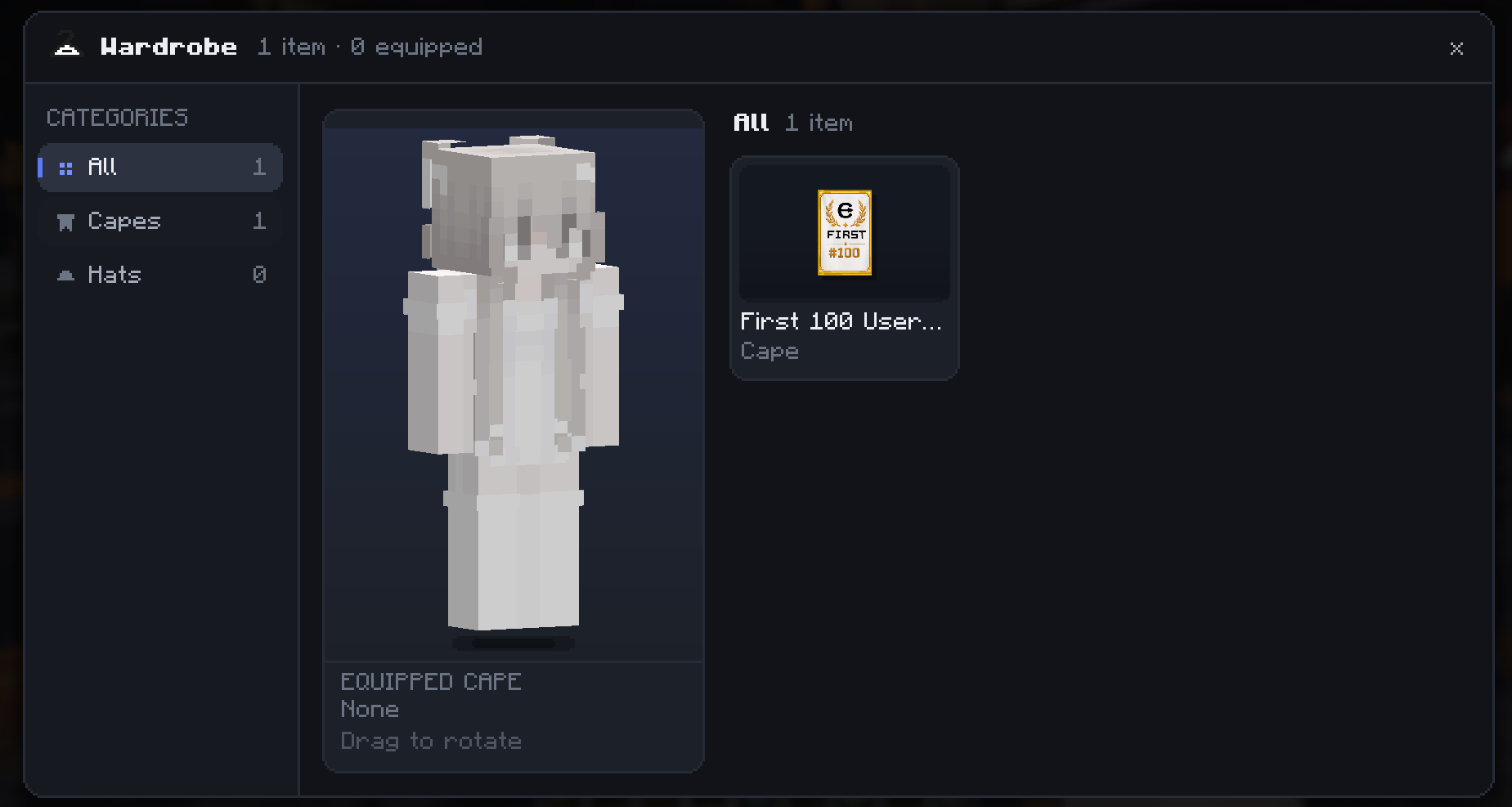 CraftProxy-Garderobe in Minecraft: links die Kategorien, daneben eine 3D-Vorschau des Skins und das First 100 Users Cape
